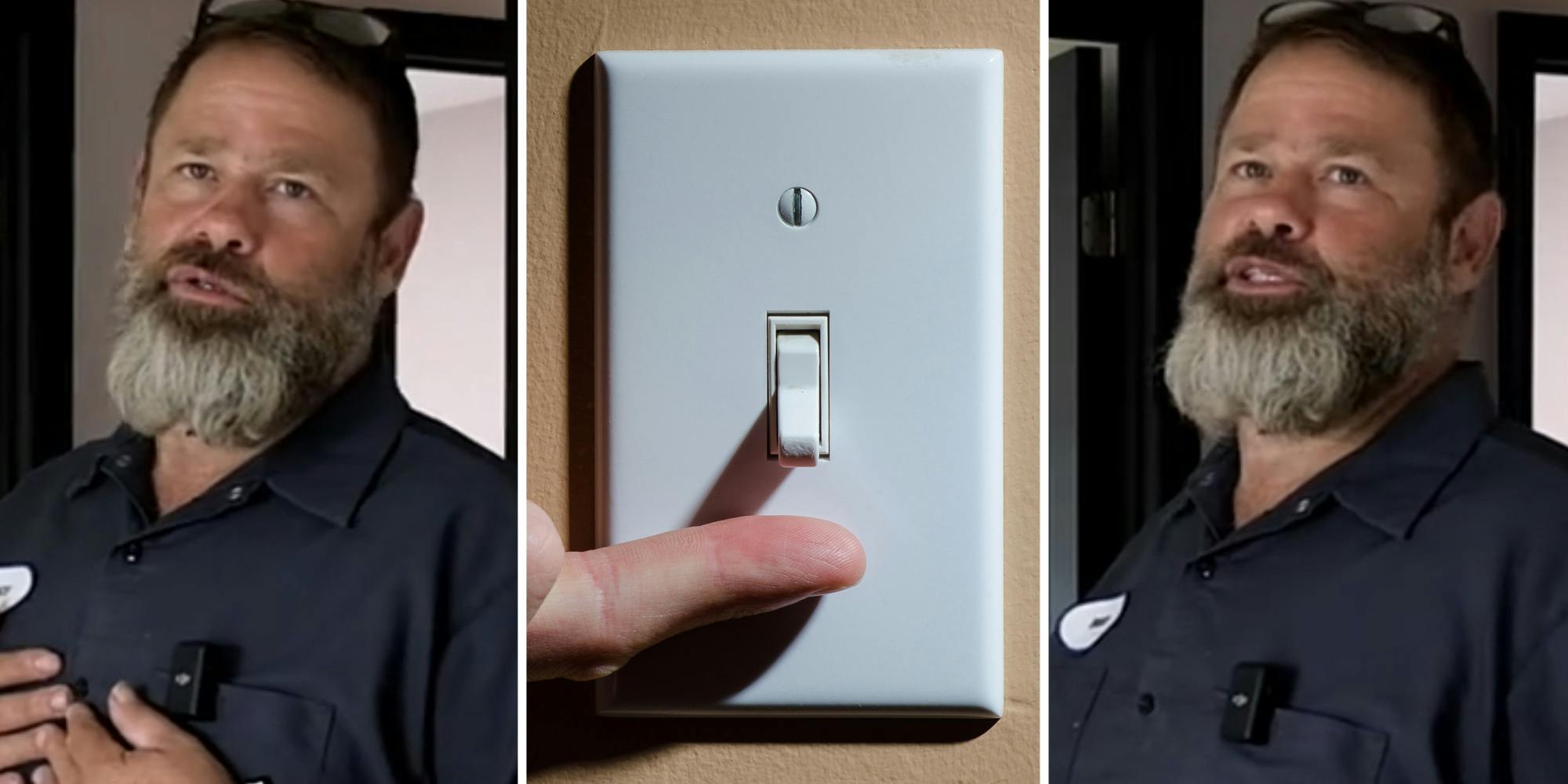 Electrician talking(l+r), Finger touching light switch(c)