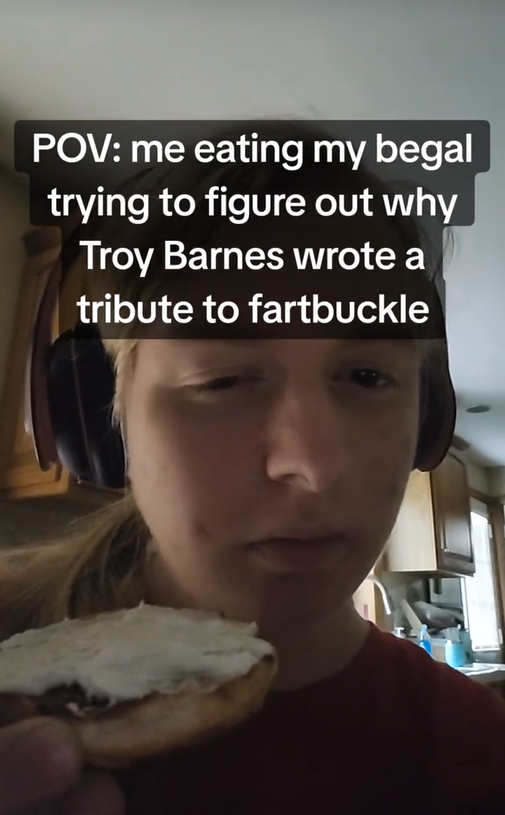 Fartbuckle TikTok video with a confused person holding a bagel.