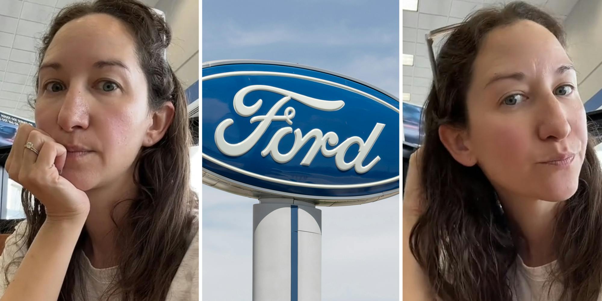 Woman looking annoyed(l+r), Ford sign(c)