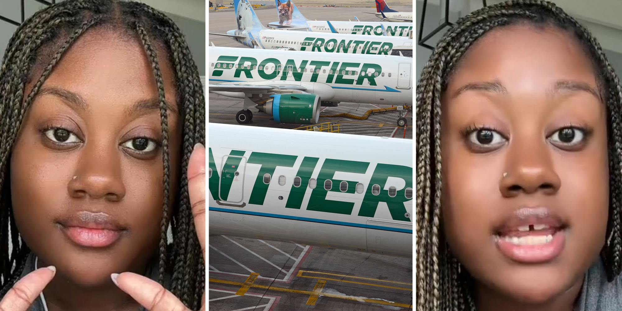 Woman talking(l+r), Frontier airplanes(c)