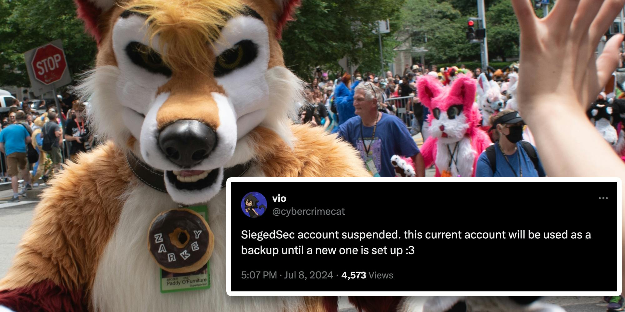 Furries at parade with tweet over it about siegedsec account being suspended