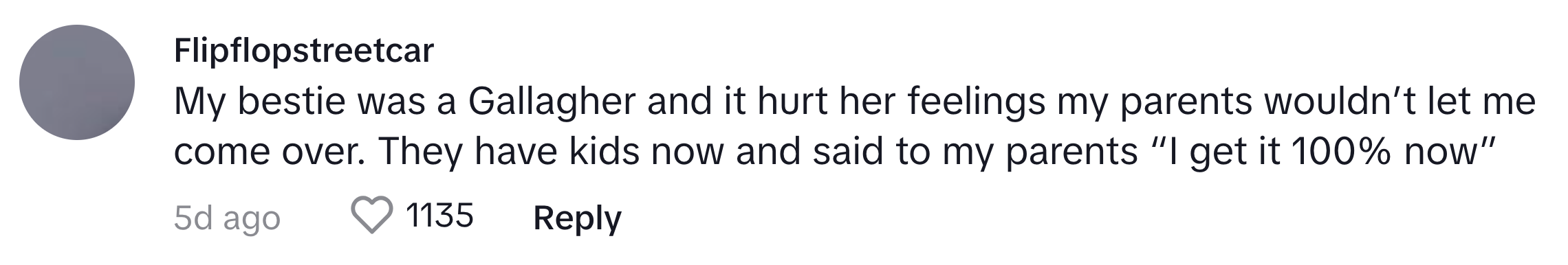 TikTok comment that reads, 'My bestie was a Gallagher and it hurt her feelings my parents wouldn’t let me come over. They have kids now and said to my parents 'I get it 100% now'”