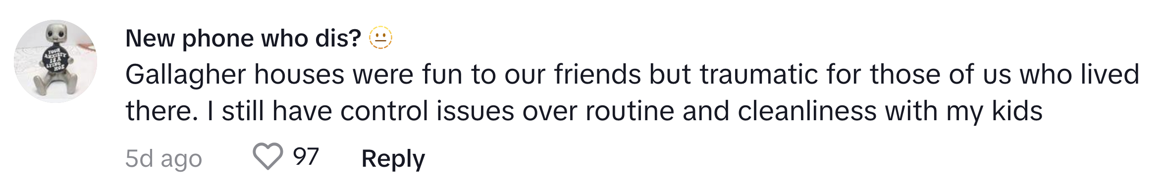 TikTok comment that reads, 'Gallagher houses were fun to our friends but traumatic for those of us who lived there. I still have control issues over routine and cleanliness with my kids'