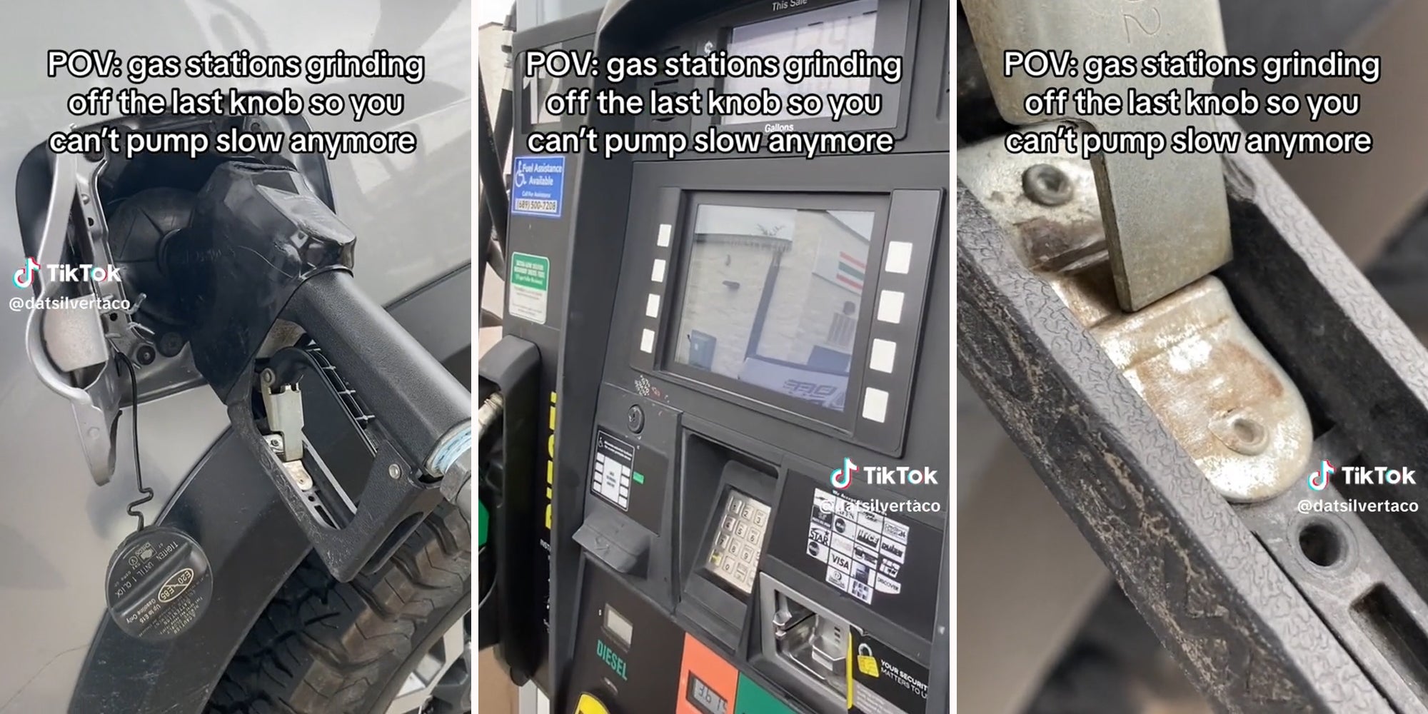 gas pump in vehicle (l) gas pump (c) auto-pump mechanism (r) all captioned 'POV: gas stations grinding off the last knob so you can't pump slow anymore'