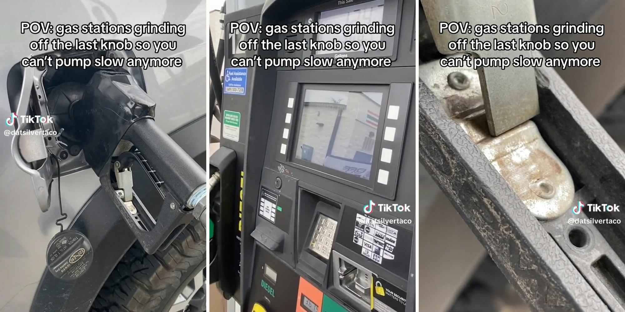 gas pump in vehicle (l) gas pump (c) auto-pump mechanism (r) all captioned "POV: gas stations grinding off the last knob so you can't pump slow anymore"