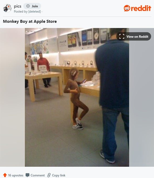 boy dressed in tight monkey costume playing with tablet in apple store