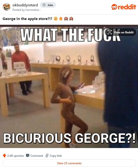 little gay monkey meme with caption 'what the fuck bicurious george?'