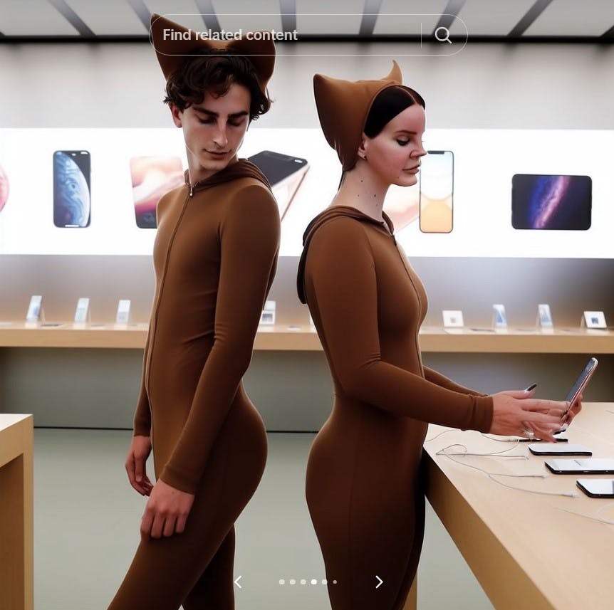 AI images of Lana Del Ray and Timothee Chalamet as little gay monkey in apple store