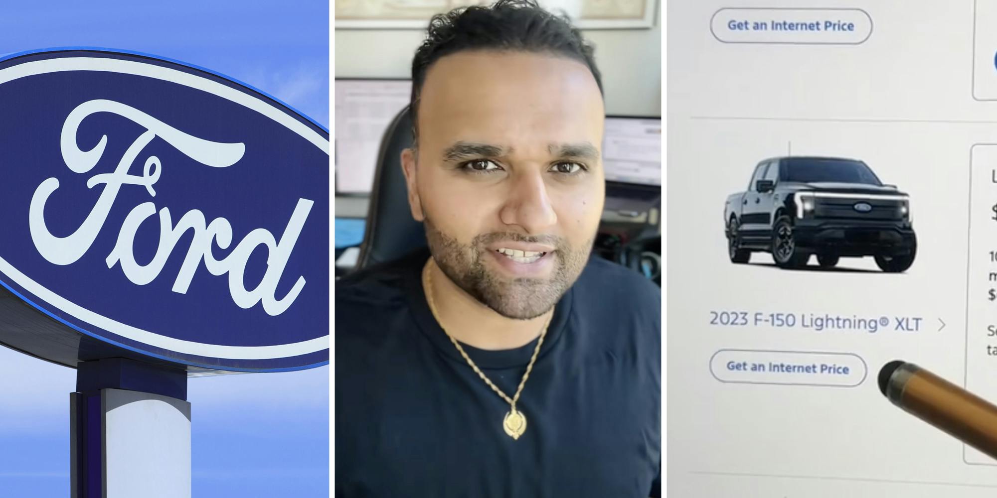 Ford sign(l), Man talking(c), Truck on website(r)