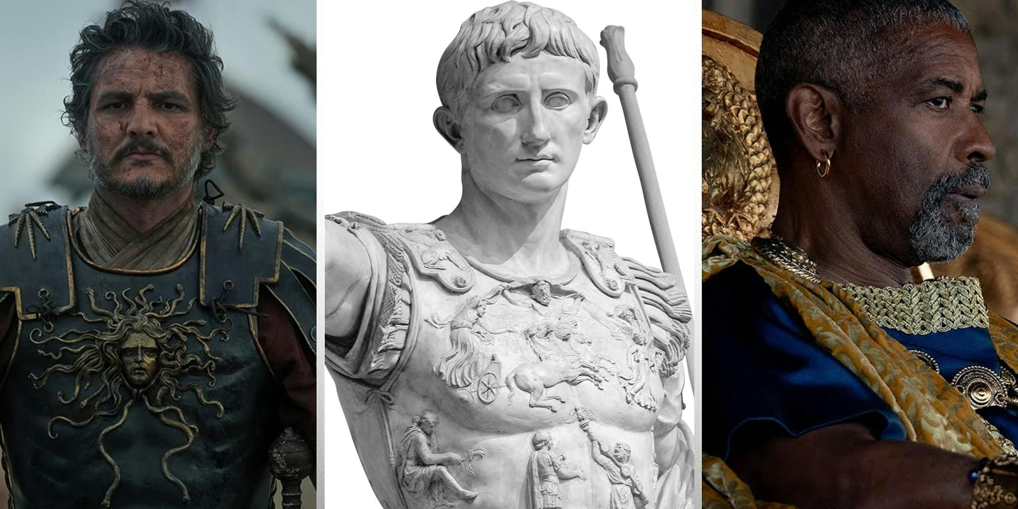 Pedro Pascal in Gladiator II(l), Statue of Augustus Caesar(c), Denzel Washington in Gladiator II(r)