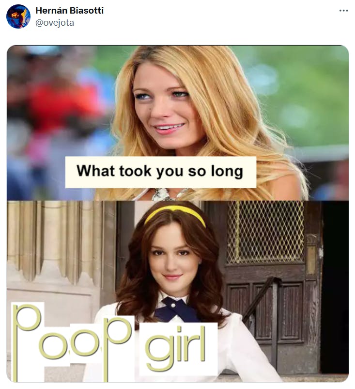 Go piss girl meme asking 'what took you so long' and answering 'poop girl.'