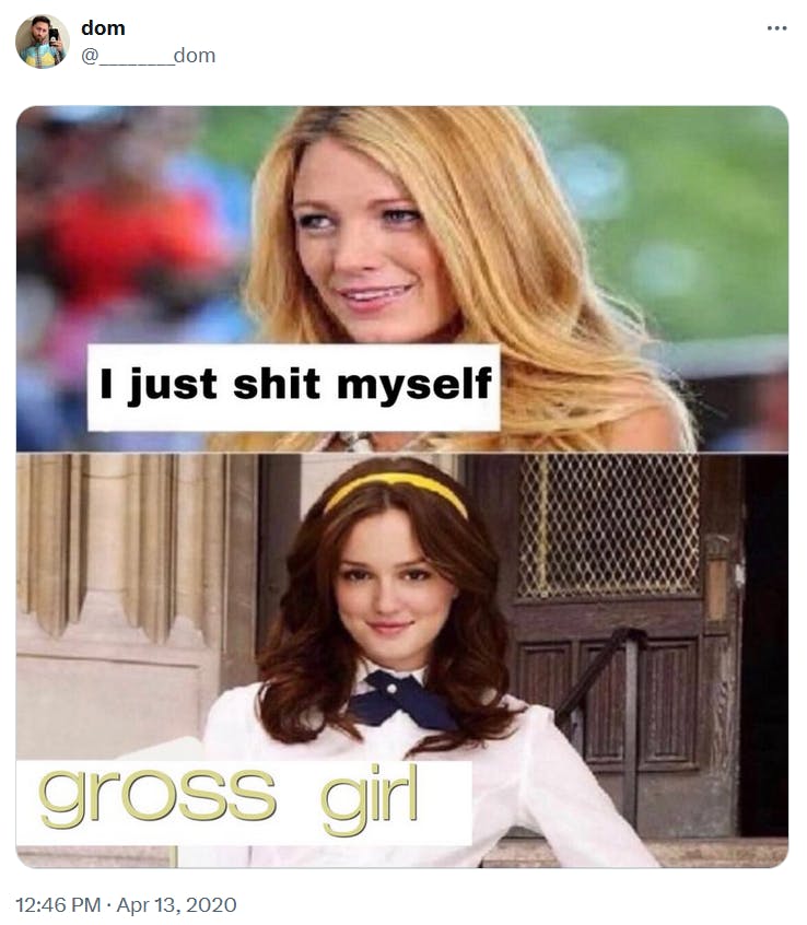 Go piss girl meme saying 'I just shit myself' and 'gross girl.'
