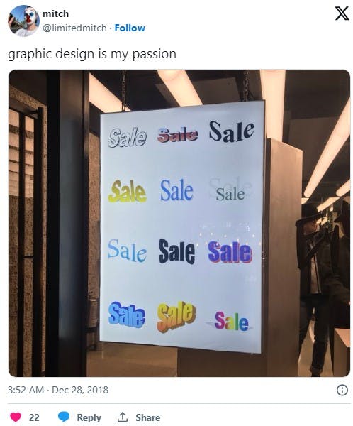 sale sign in every microsoft word art font with the caption 'graphic design is my passion'