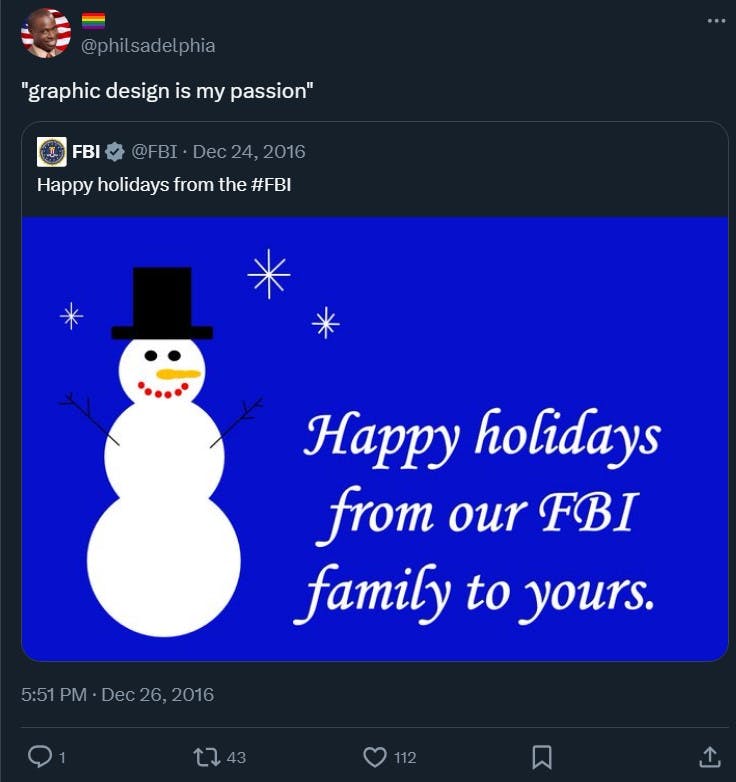 Tweet reading 'graphic design is my passion' inspired by a happy holiday graphic from the FBI