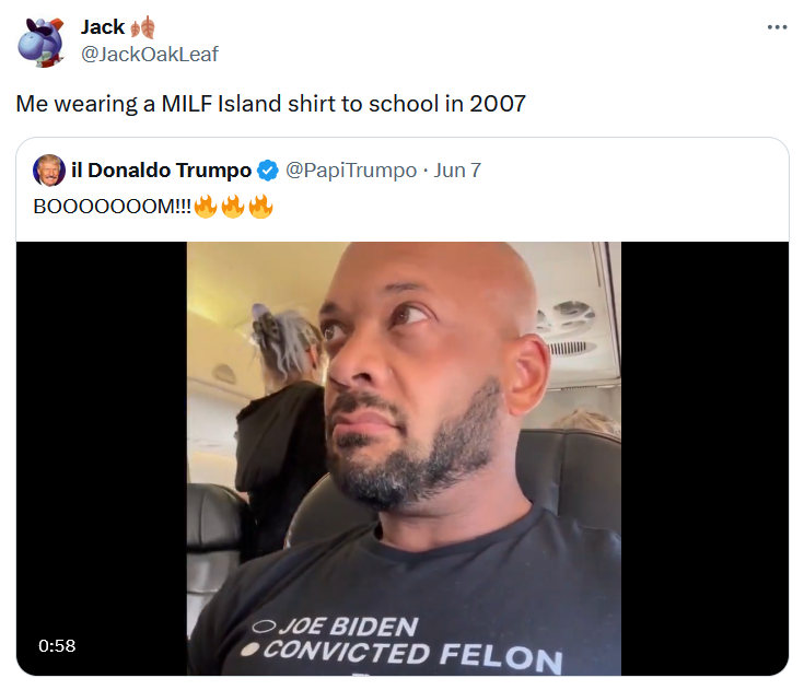 Guy in plane wearing convicted felon shirt meme abour MILF Island shirts.