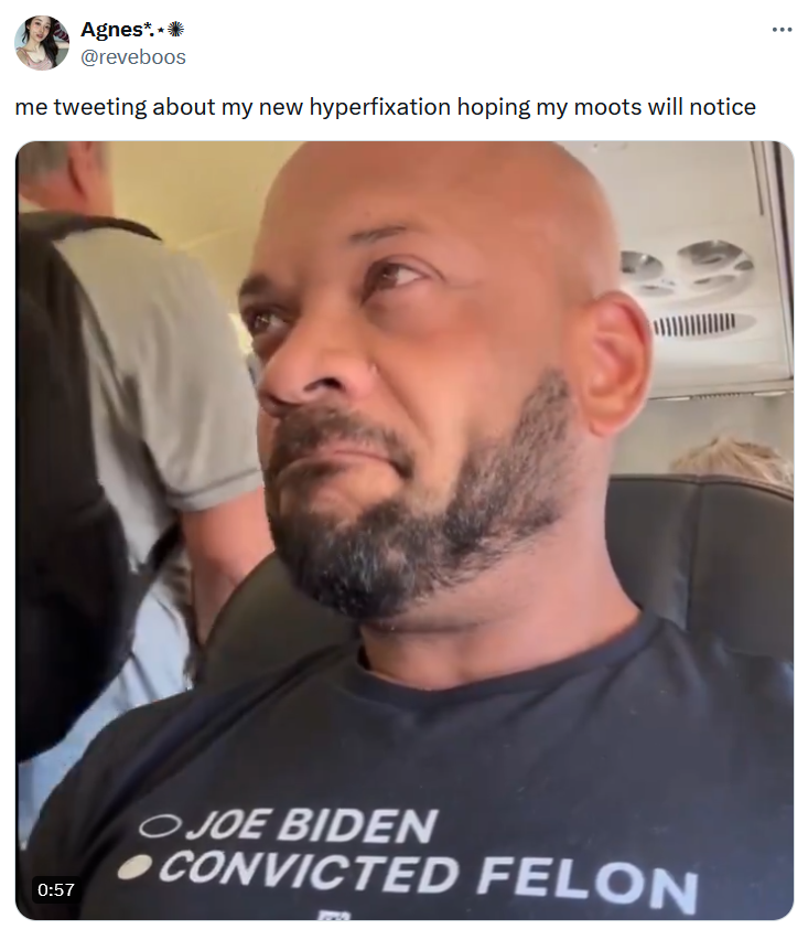 Guy in plane wearing convicted felon shirt meme about hyperfixations.