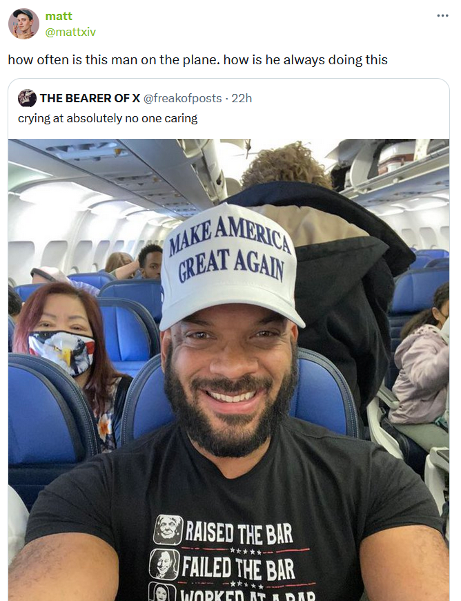 Guy in plane wearing convicted felon shirt meme quote tweet of David Harris Jr. in different pro-Trump merchandise.