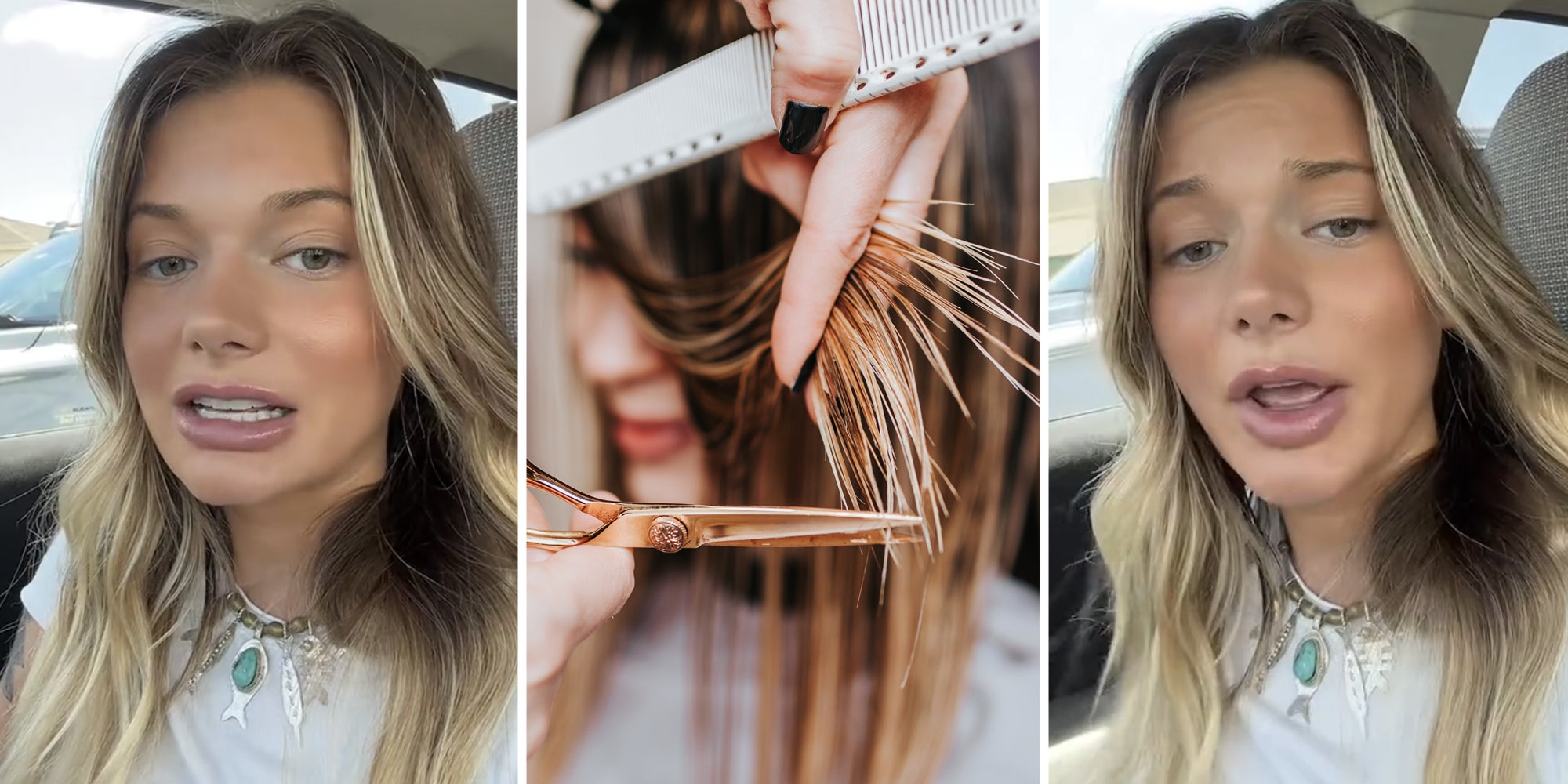 Woman talking(l+r), Hairstylist cutting hair(c)