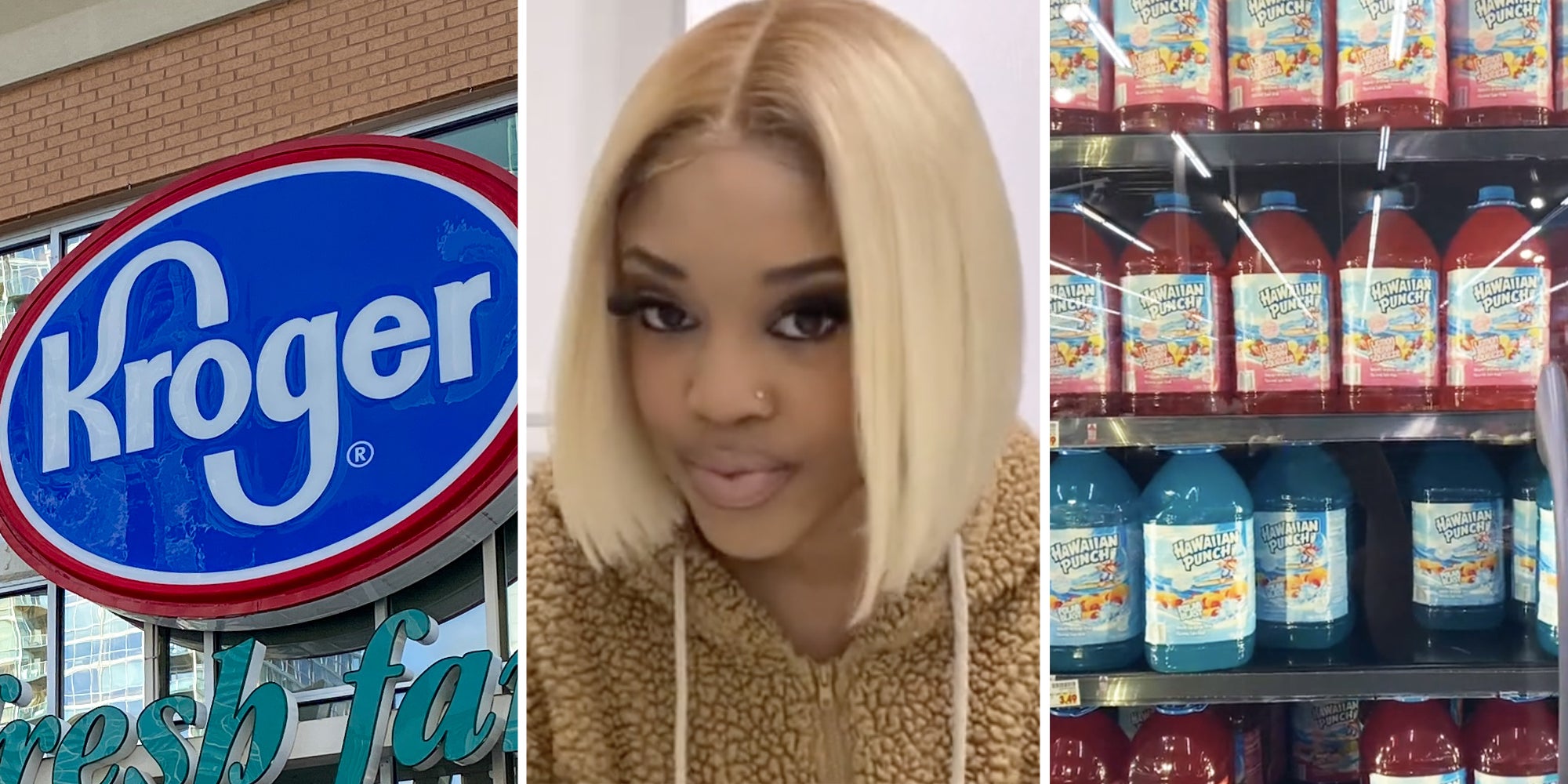 Kroger(l), Woman(c), Hawaiian Punch in refrigerator(r)