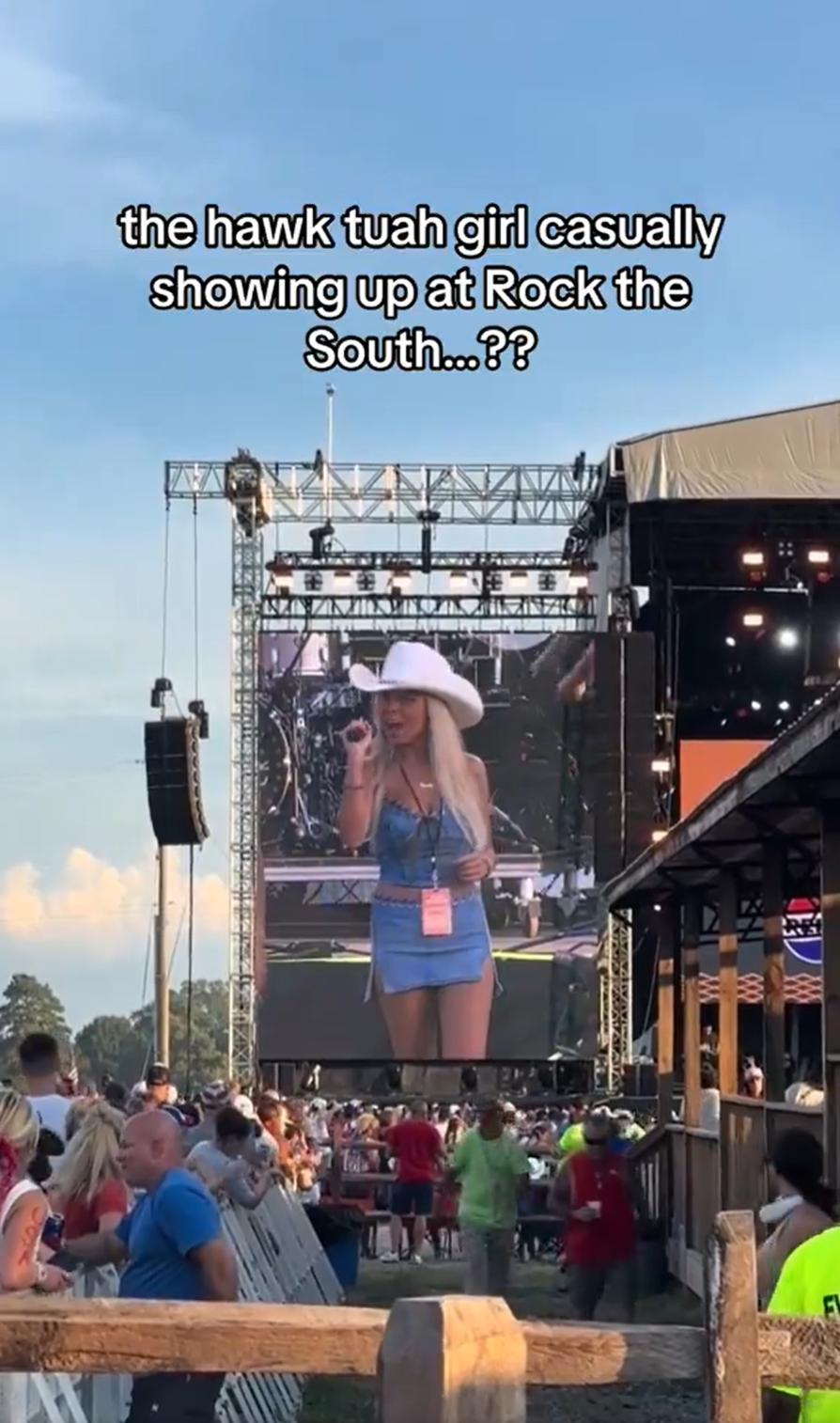 Hawk Tuah girl at Rock the South attempting to hype up the crowd for the next act. It did not go well.