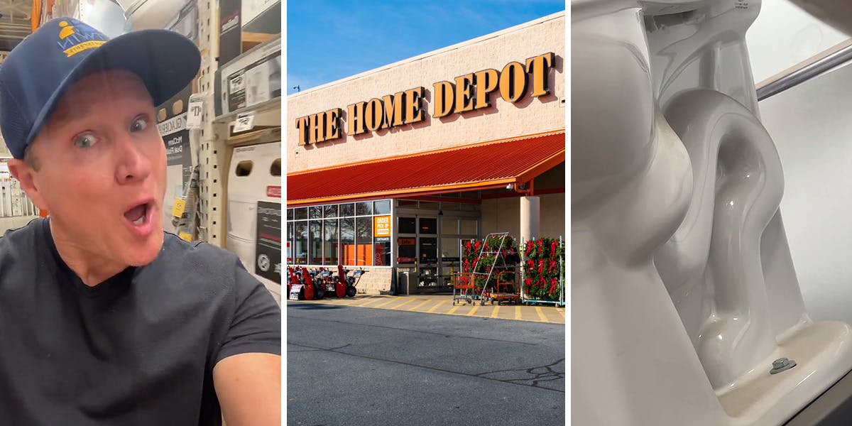 man in Home Depot (l) Home Depot (c) toilet (r)