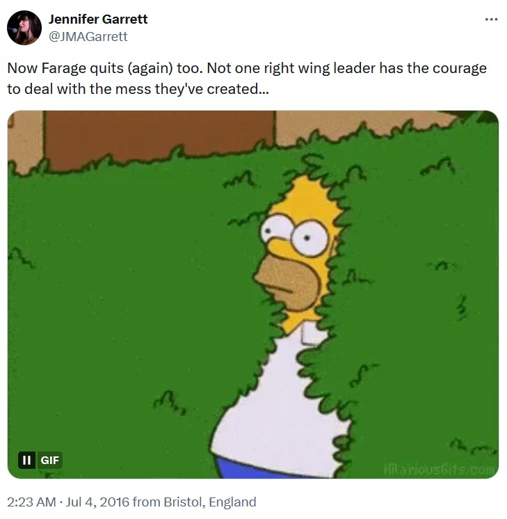 Homer Simpson meme about Nigel Farage quitting.