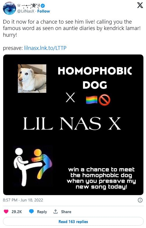 lil nas x jokes about doing an event with the homophobic dog