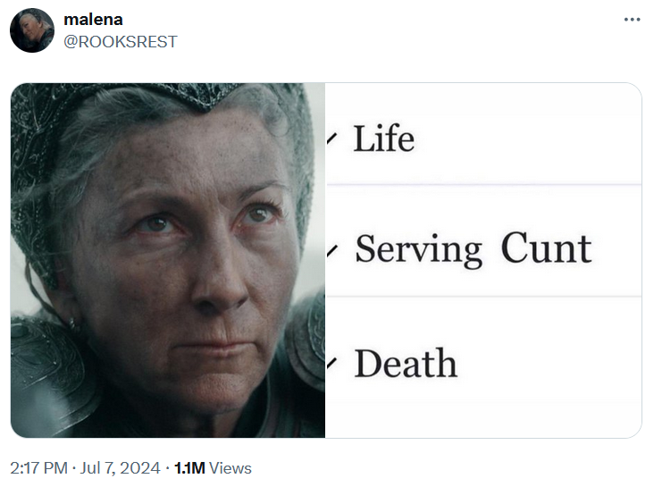 Image of Rhaenys from House of the Dragon next to a list reading 'life, serving cunt, death.'