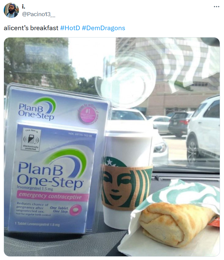 Tweet reading 'alicent's breakfast' with a photo of Starbucks and PlanB.