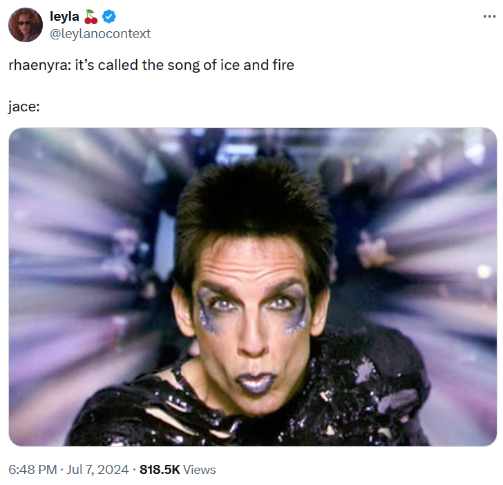 Tweet about House of the Dragon with an image from Zoolander.