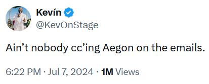 Tweet reading 'Ain’t nobody cc’ing Aegon on the emails.'