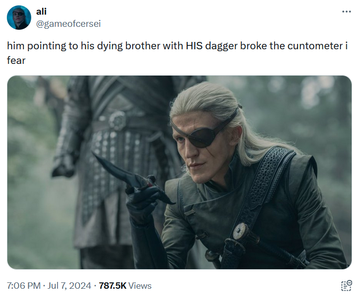 Tweeted image of Aemond from House of the Dragon reading 'him pointing to his dying brother with HIS dagger broke the cuntometer i fear.'