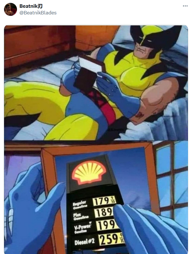 Wolverine crush meme showing old, low gas prices.