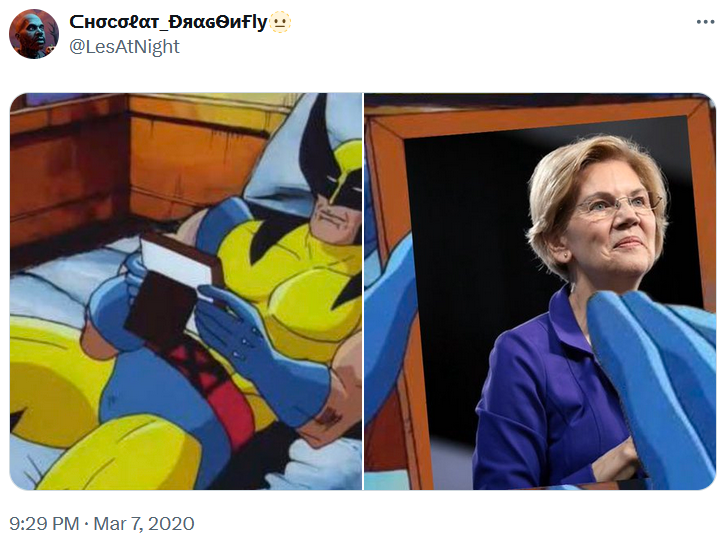 Wolverine crush meme featuring Elizabeth Warren.