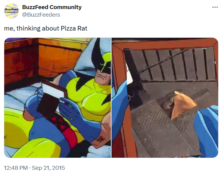 Wolverine crush meme featuring pizza rat.