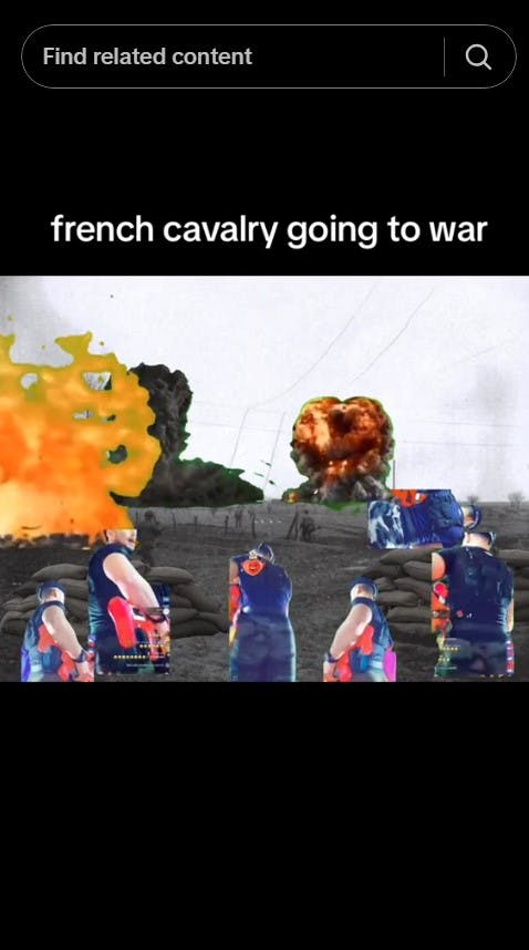 image of 'French cavalry going to war' with all soldiers replaced by 'I need more bullets' guy