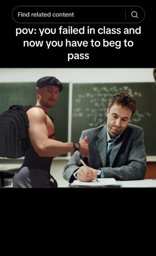 'I need bullets guy' in classroom with caption 'pov: you failed class and now you have to bed to pass'