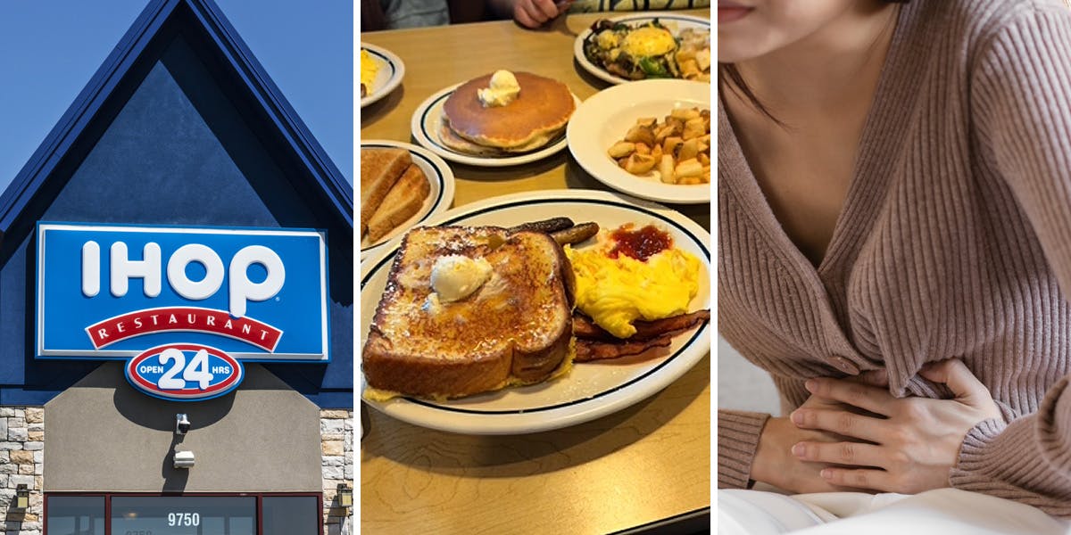 IHOP (l) food on table (c) woman with food poisoning (r)