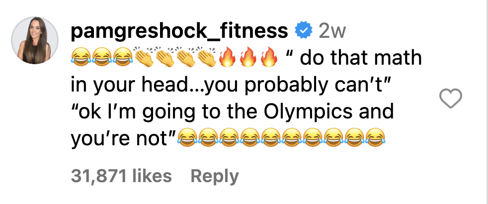 Instagram comment that quotes Ilona Maher's clap backs from the video with a string of laughing and fire emojis.