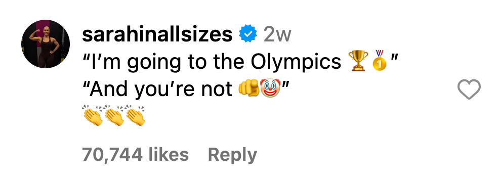 Instagram comment that quotes Ilona Maher's clap backs from the video with a string of clapping emojis.