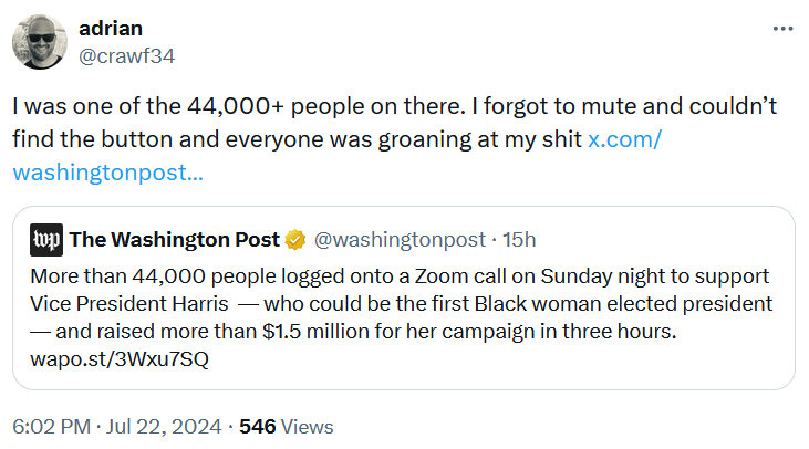 Tweet reading 'I was one of the 44,000+ people on there. I forgot to mute and couldn’t find the button and everyone was groaning at my shit.'