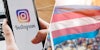 Hand holding phone with instagram app(l), Trans flag(r)