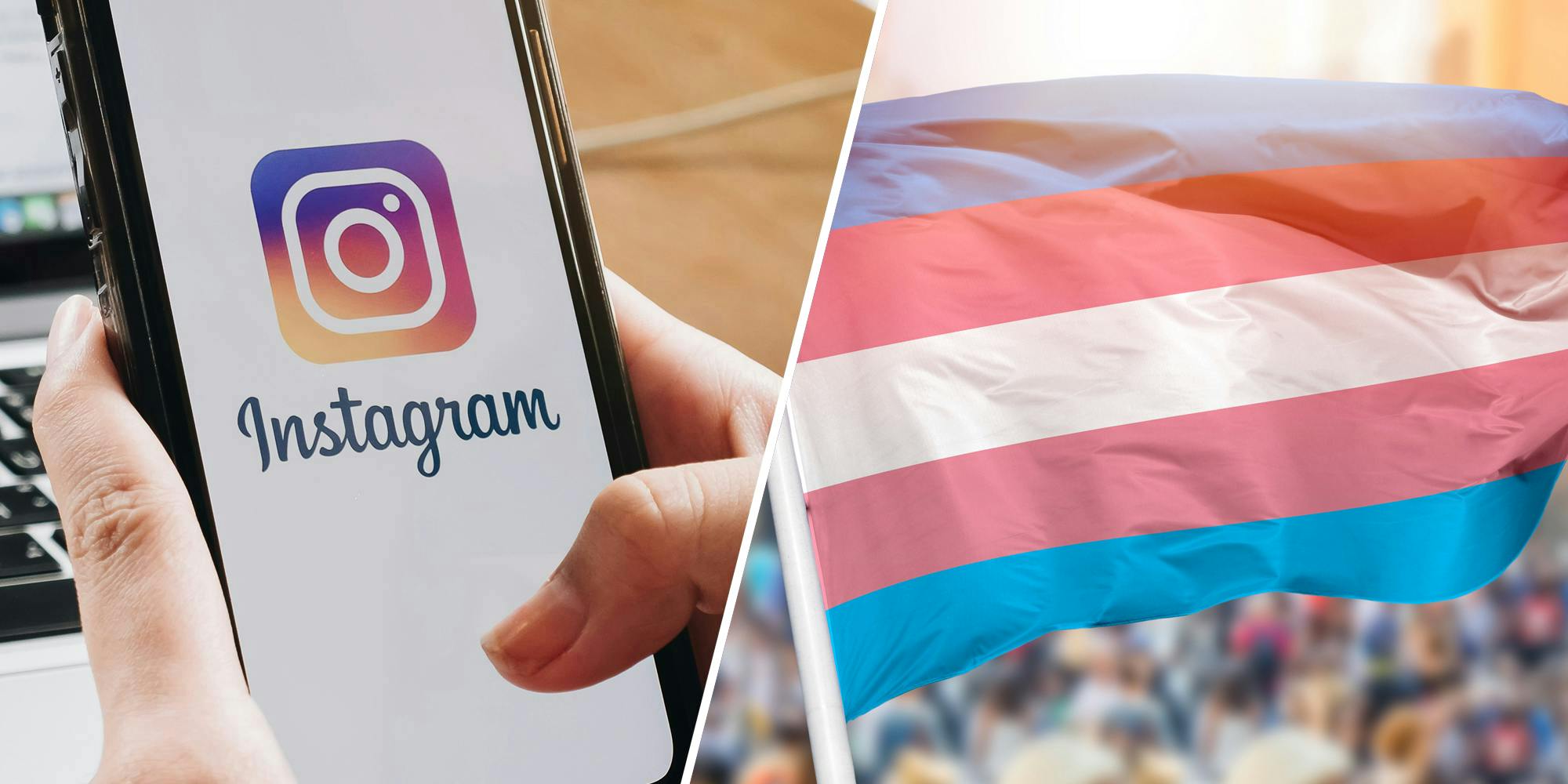 Hand holding phone with instagram app(l), Trans flag(r)