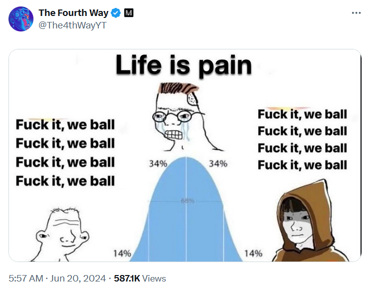 IQ bell curve meme with characters saying 'life is pain' or 'fuck it, we ball.'