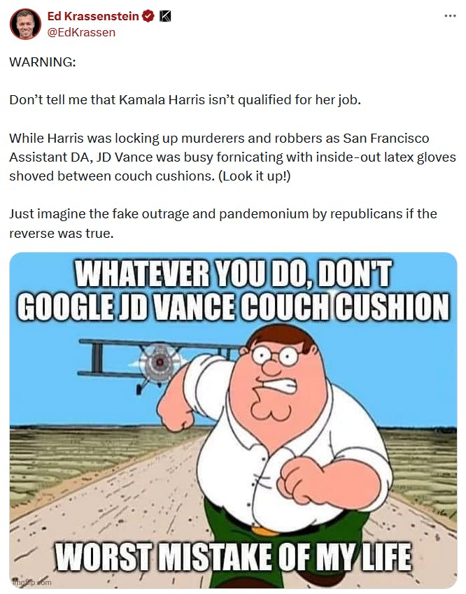 JD Vance couch meme with Peter Griffin of Family Guy being chased by a plane.