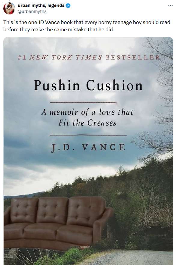 JD Vance couch meme with a Photoshopped image of 'Hillbilly Elegy.'