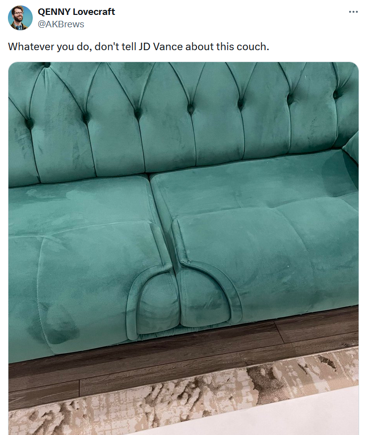 JD Vance couch meme with a photo of a curvy sofa.