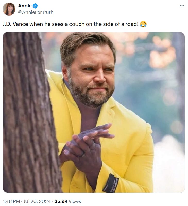 JD Vance couch meme mixed with the Anthony Adams rubbing hands meme.