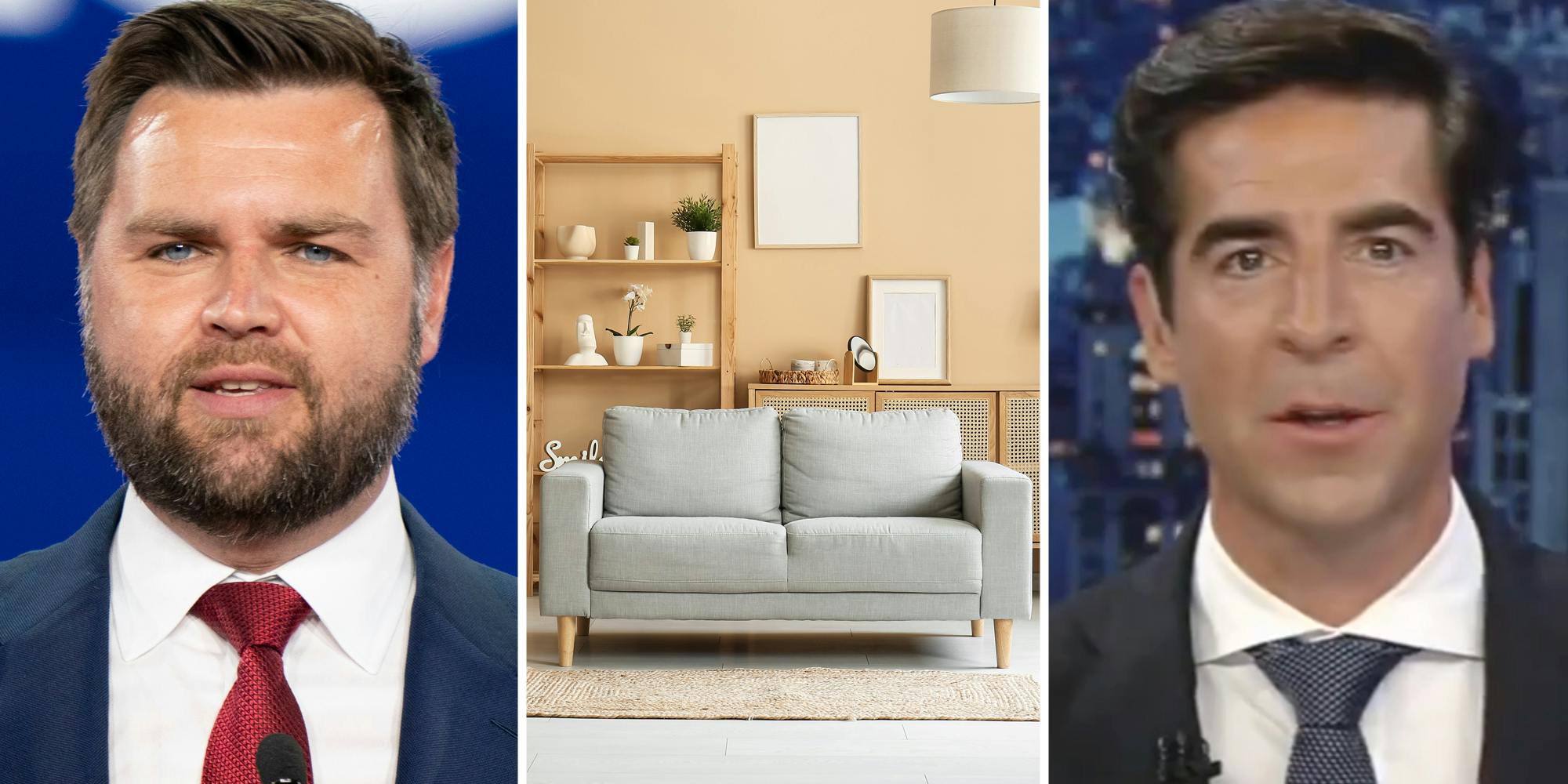 JD Vance(l), couch in living room(c), News anchor(r)