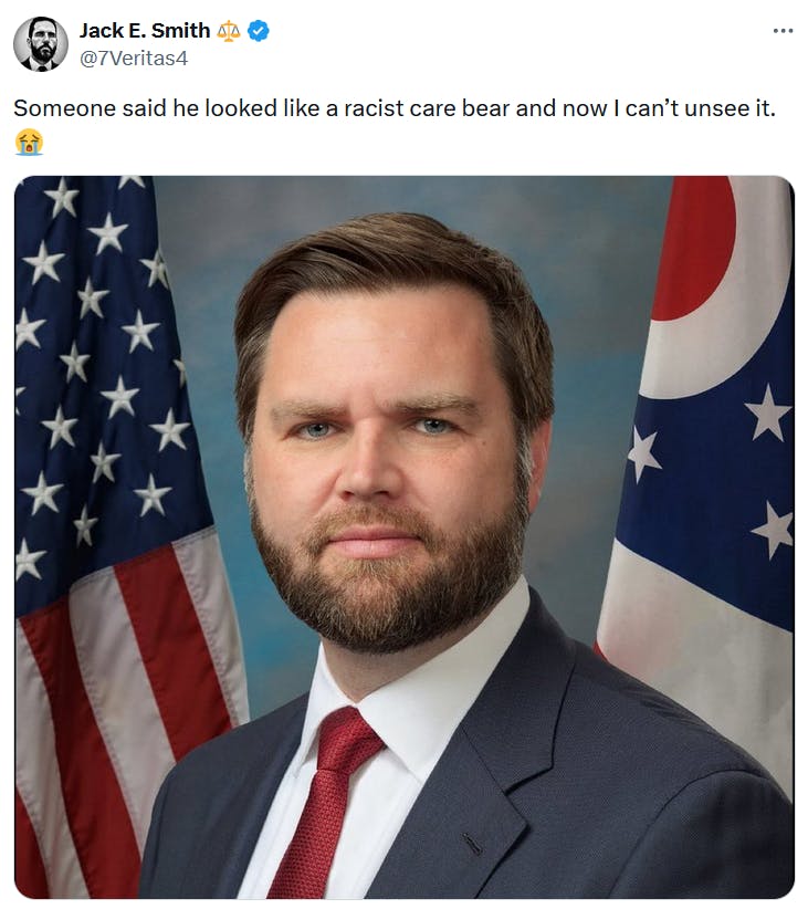 Tweet with JD Vance's Senate portrait calling him a racist Care Bear.